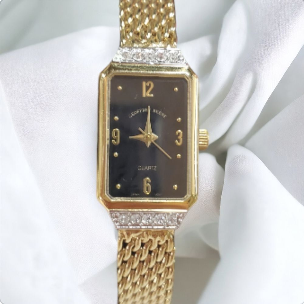 Vintage Geoffrey Beene Gold Tone Bezzled Watch With CZ Accents